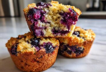 Close-up of three blueberry protein muffins, one cut in half showing the moist interior packed with blueberries.