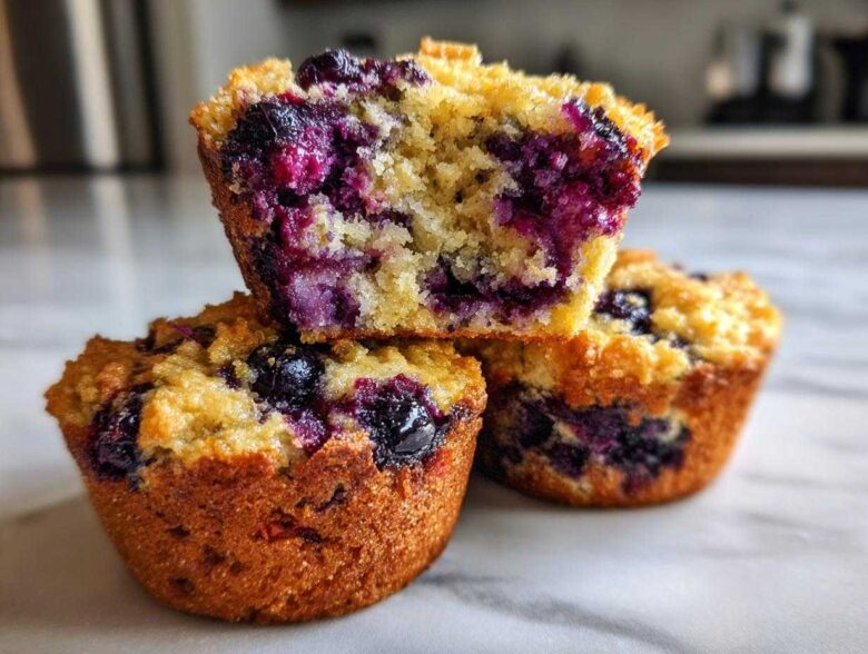 Close-up of three blueberry protein muffins, one cut in half showing the moist interior packed with blueberries.