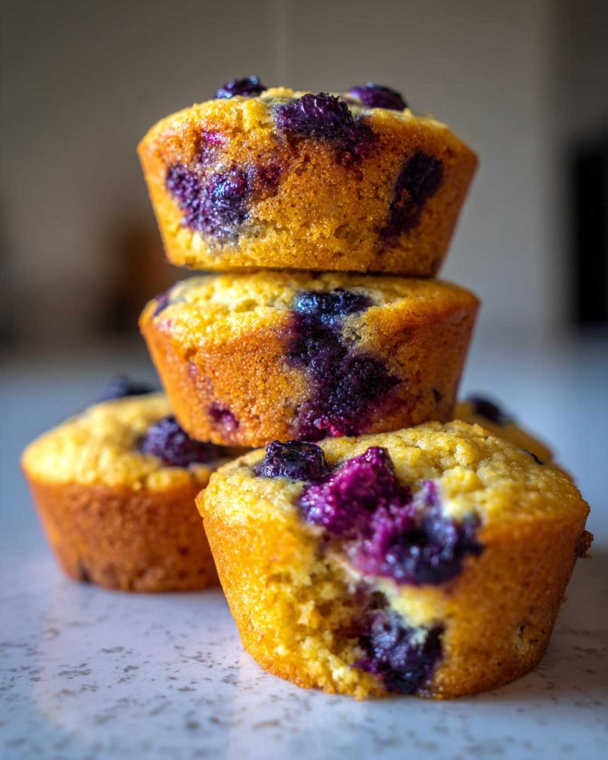 A stack of three golden, moist protein muffins bursting with dark purple blueberries, ready to eat.