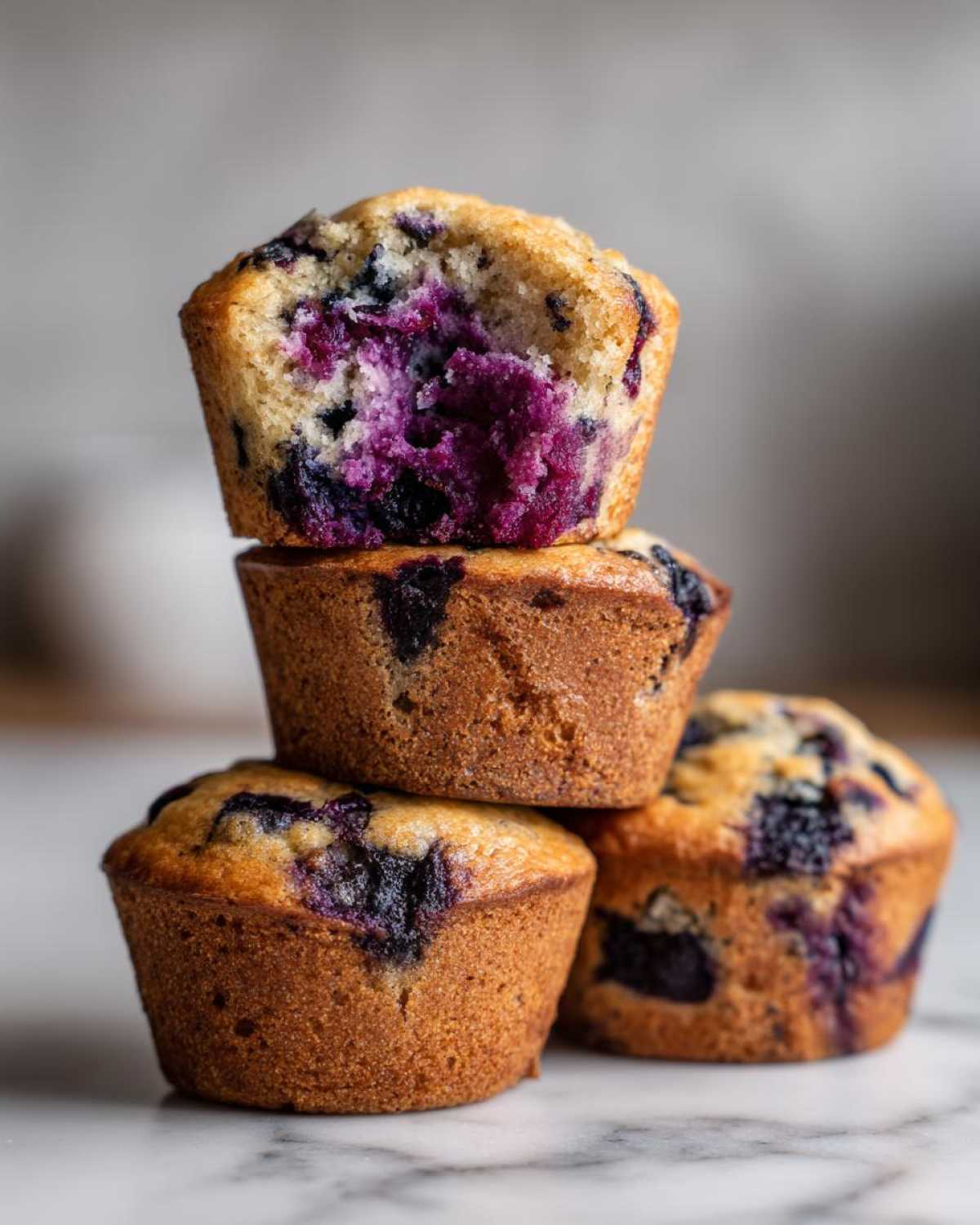 A stack of three golden-brown blueberry protein muffins, with the top one broken open revealing a vibrant purple blueberry interior.