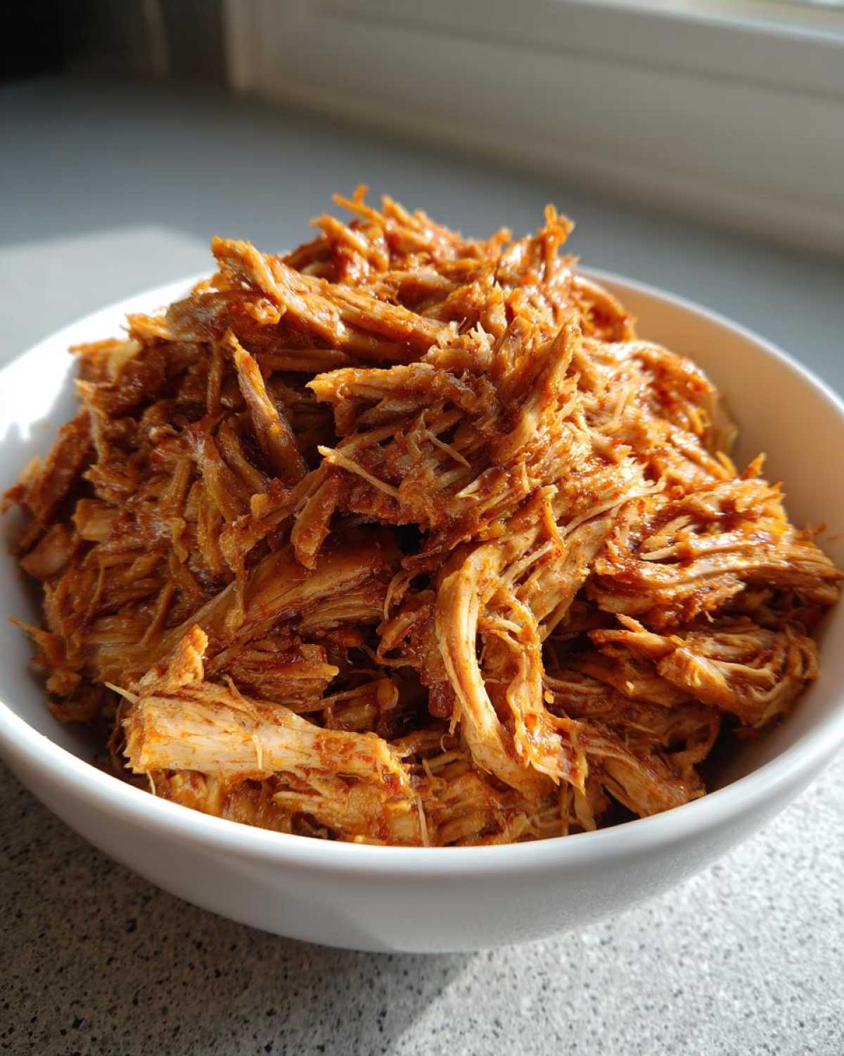 A white bowl filled with perfectly shredded, saucy Slow Cooker Pulled Pork, highlighted by natural light.