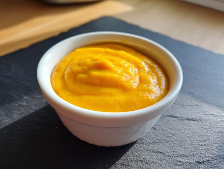 Close-up of thick, bright orange nacho cheese sauce served in a small white dipping bowl on a dark slate surface.