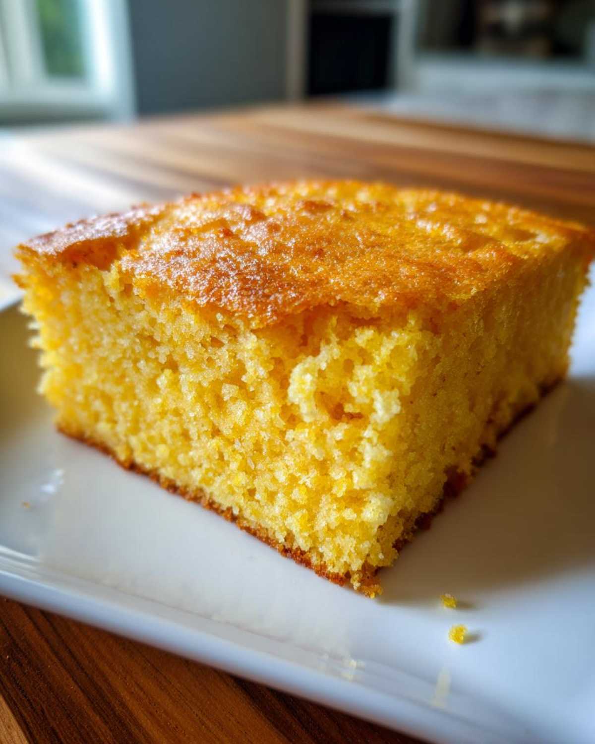 Close-up of a moist, square slice of bright yellow buttermilk cornbread on a white plate.