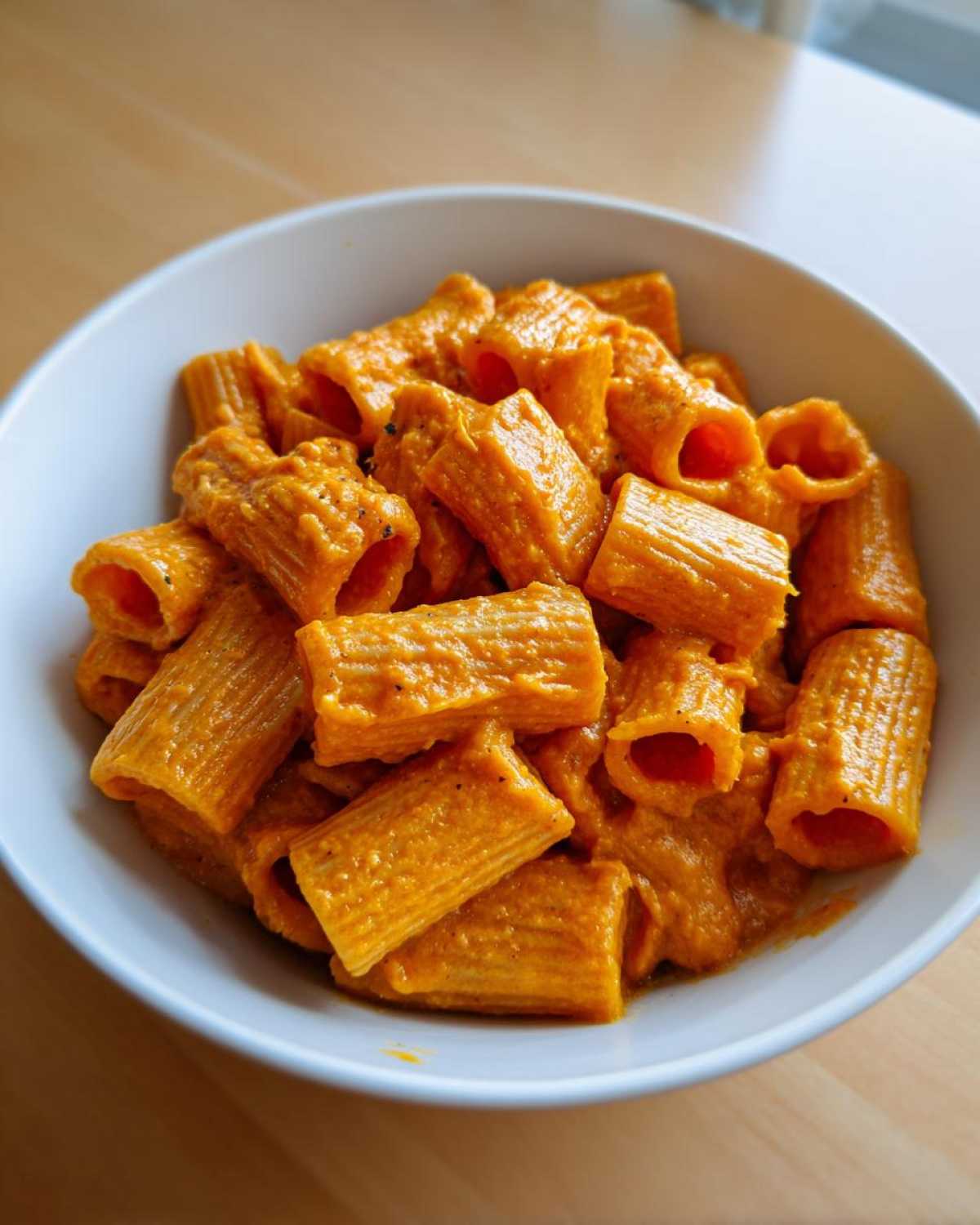 Close-up of rigatoni pasta coated in a rich, orange butternut squash pasta sauce, served in a white bowl.