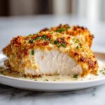 A close-up of a juicy, breaded caesar chicken breast cut in half, resting in creamy sauce.