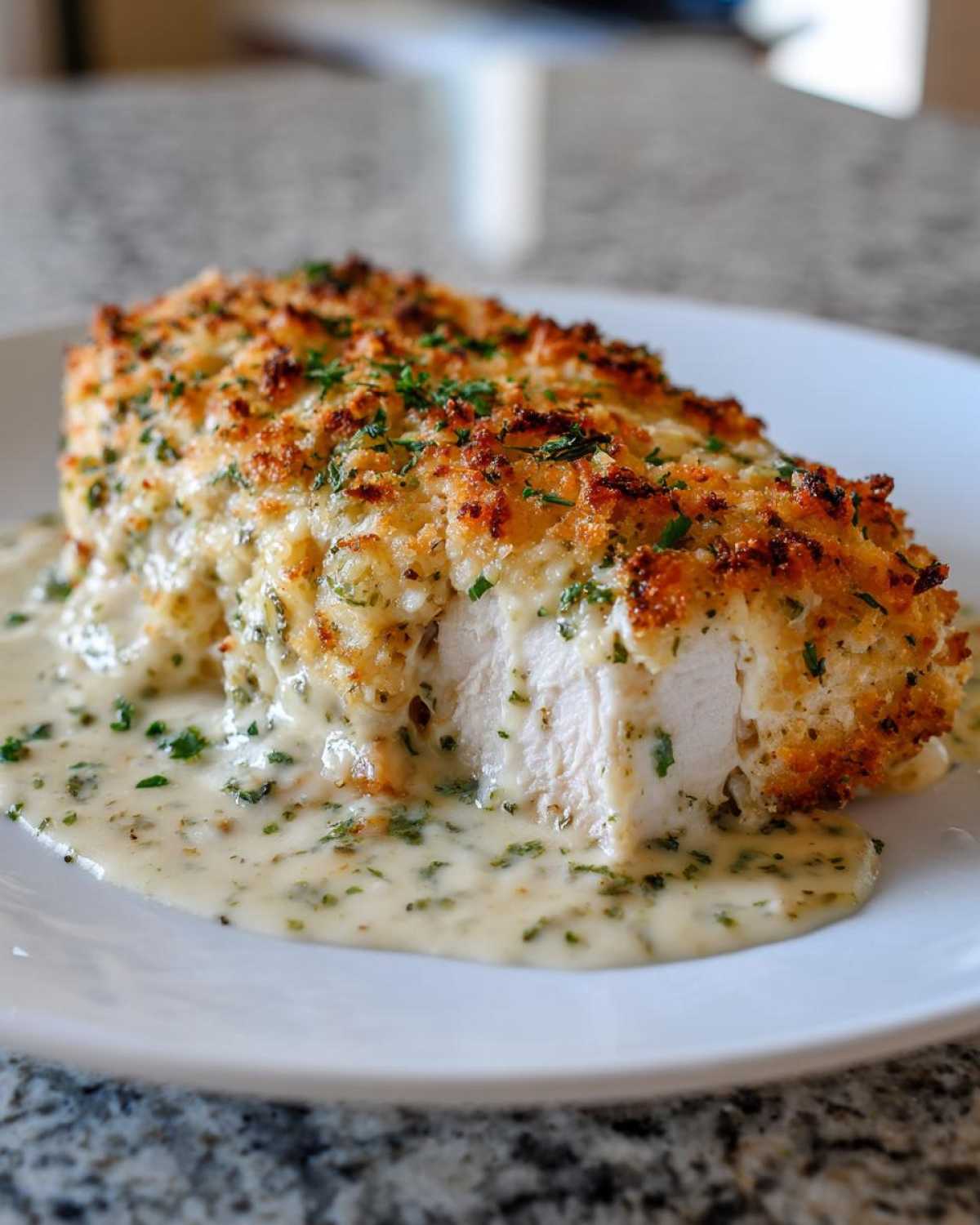 Close-up of a juicy caesar chicken breast with a crispy, golden crust, resting in a pool of creamy sauce.
