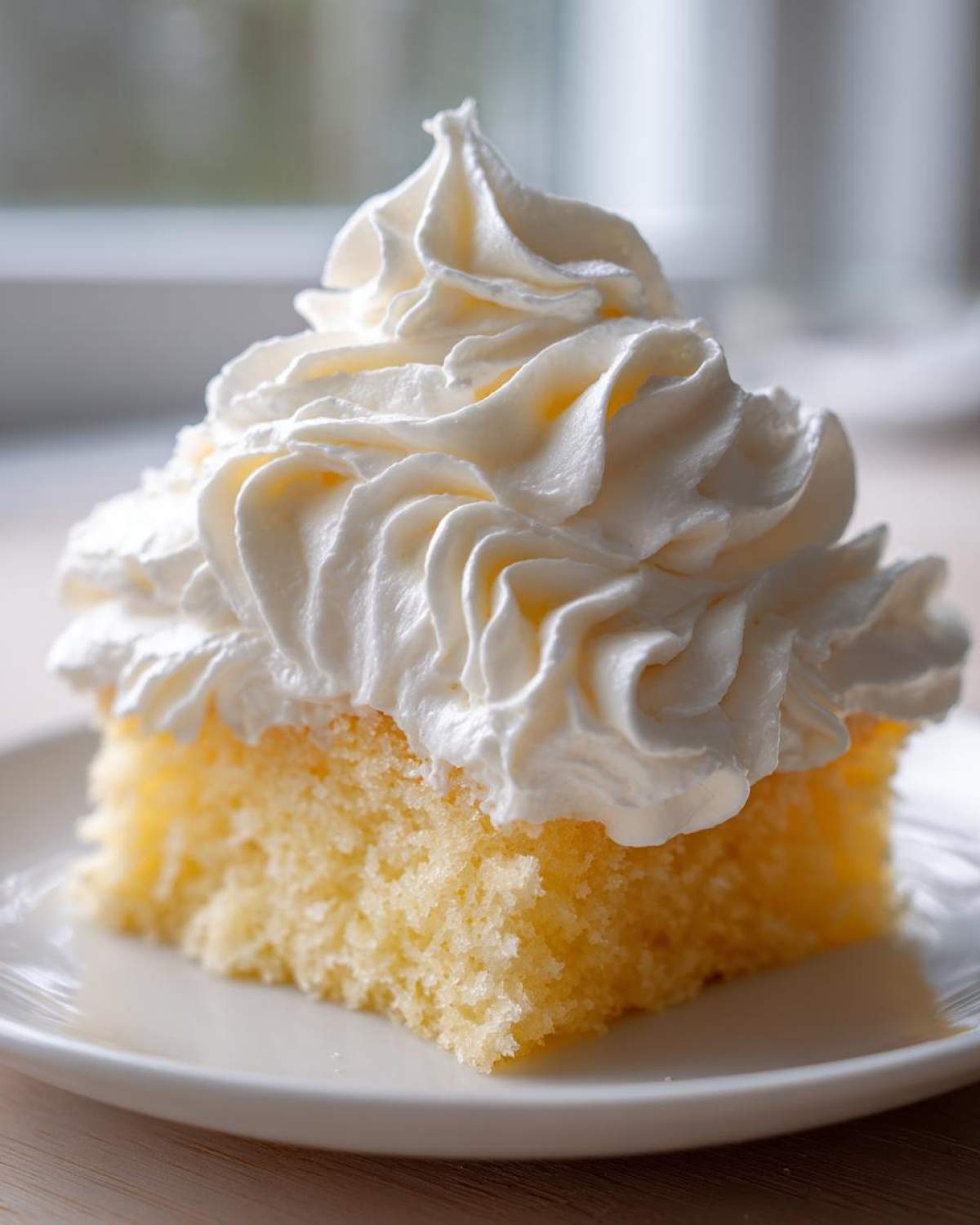 Close-up of a square slice of yellow cake generously topped with swirls of fluffy vanilla buttercream frosting.