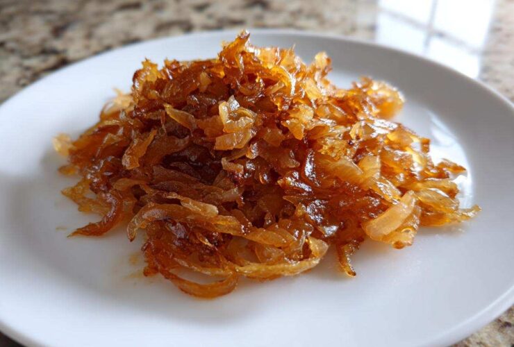 A close-up of a pile of rich, golden brown caramelized onions served on a white plate.