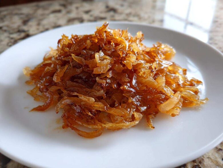 A close-up of a pile of rich, golden brown caramelized onions served on a white plate.