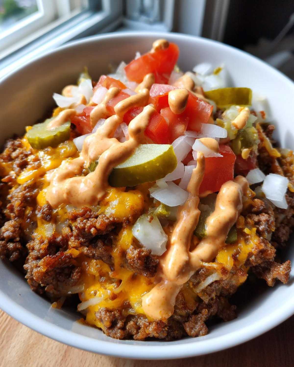 Close-up of a delicious cheeseburger bowl topped with melted cheese, diced onions, pickles, tomatoes, and a drizzle of burger sauce.