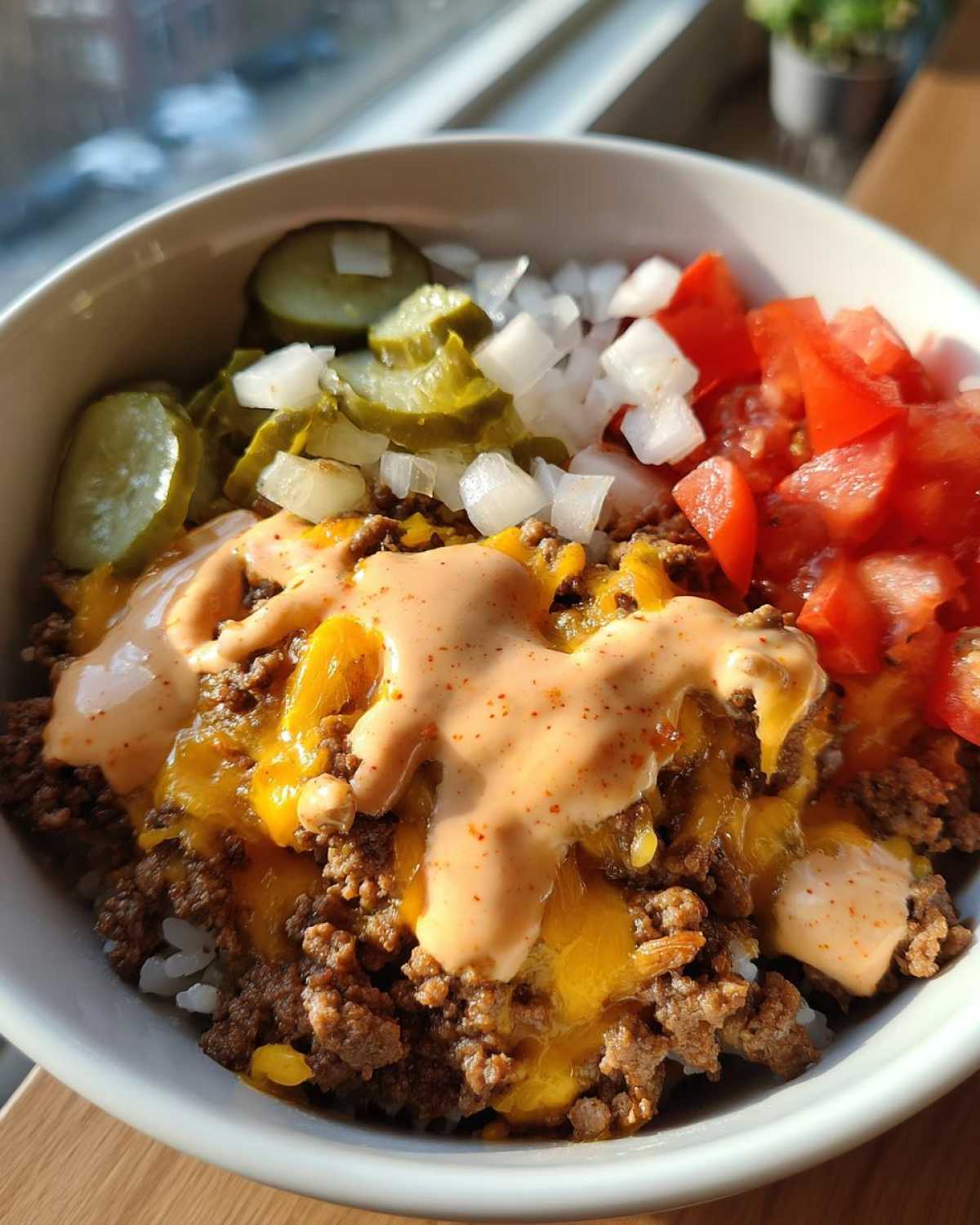 A close-up view of a satisfying cheeseburger bowl featuring seasoned ground beef, melted cheese, and toppings like pickles, onions, and tomatoes.