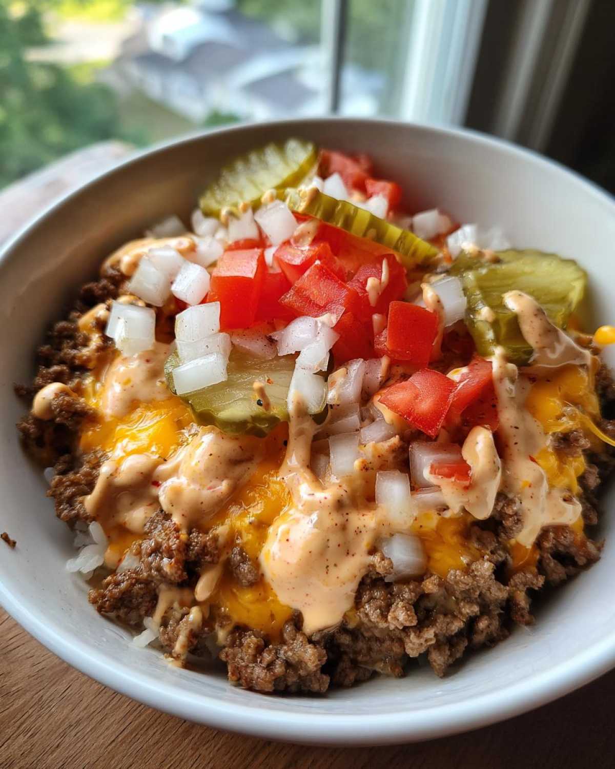 A close-up of a delicious cheeseburger bowl featuring seasoned ground beef, melted cheese, special sauce, pickles, tomatoes, and onions.