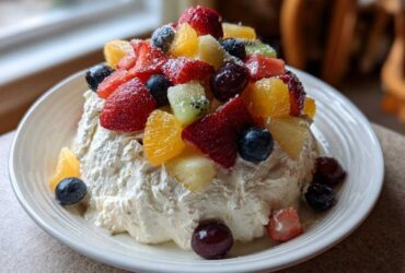 A mound of creamy cheesecake filling topped generously with mixed fresh fruit, creating an incredible cheesecake fruit salad.