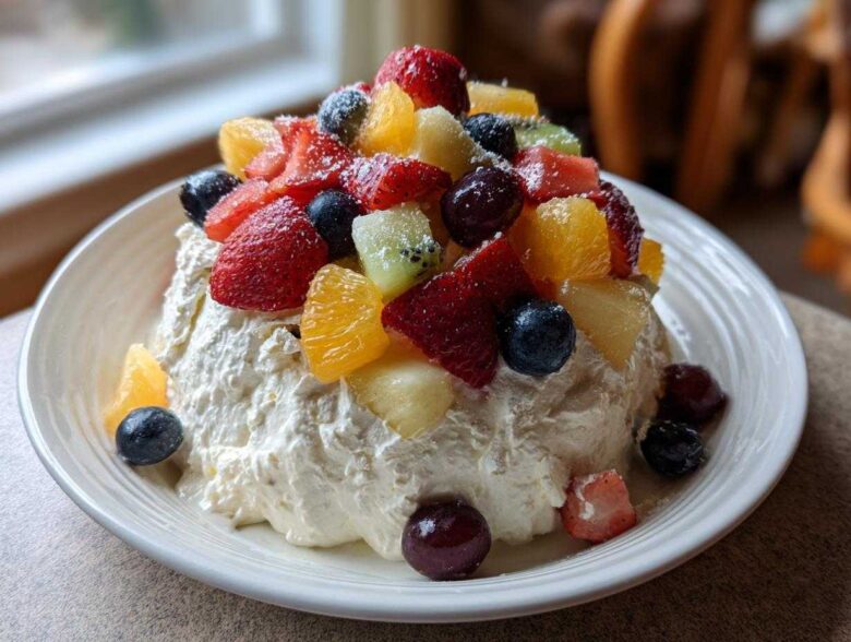 A mound of creamy cheesecake filling topped generously with mixed fresh fruit, creating an incredible cheesecake fruit salad.