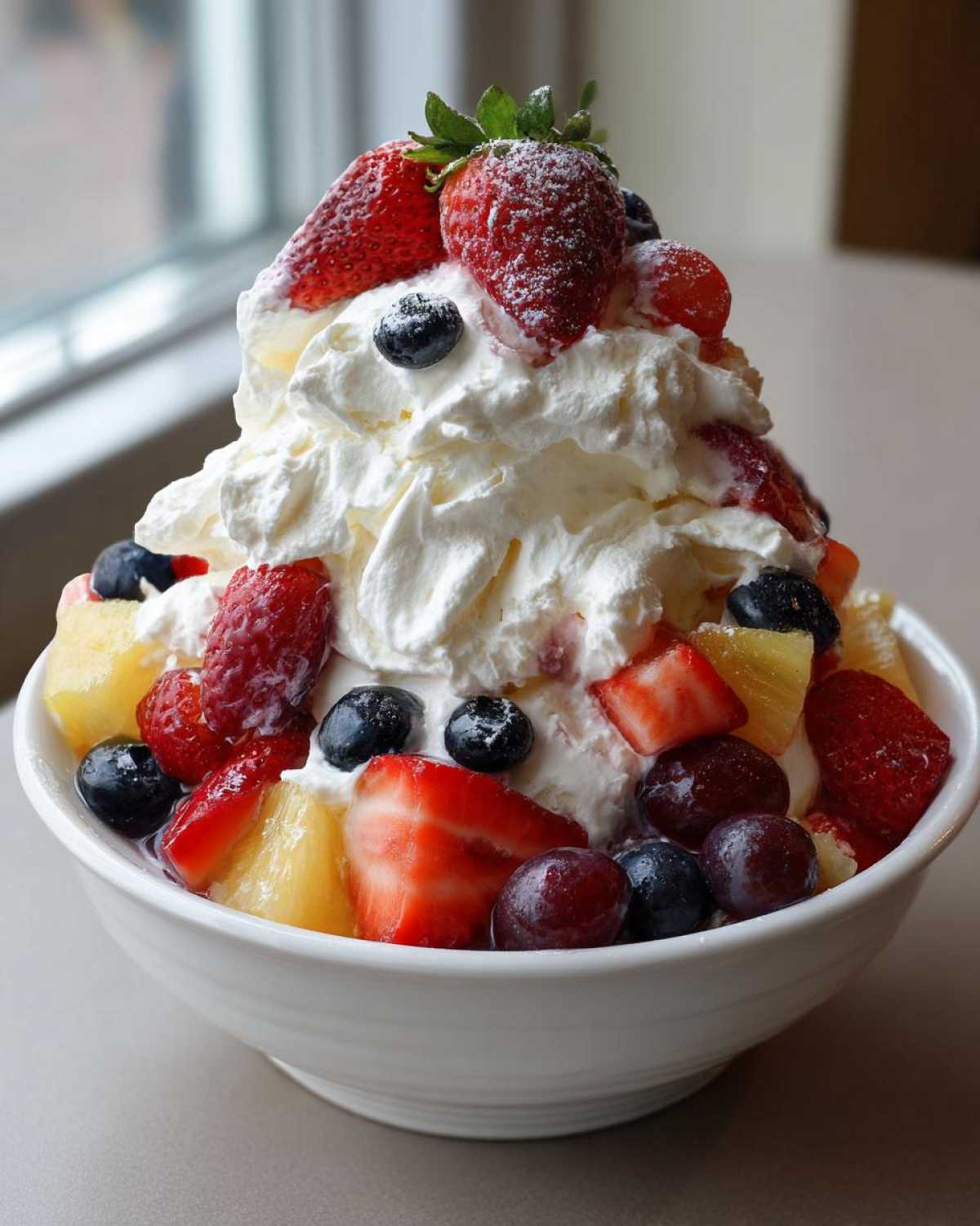A tall serving of cheesecake fruit salad topped with whipped cream, strawberries, blueberries, and grapes.