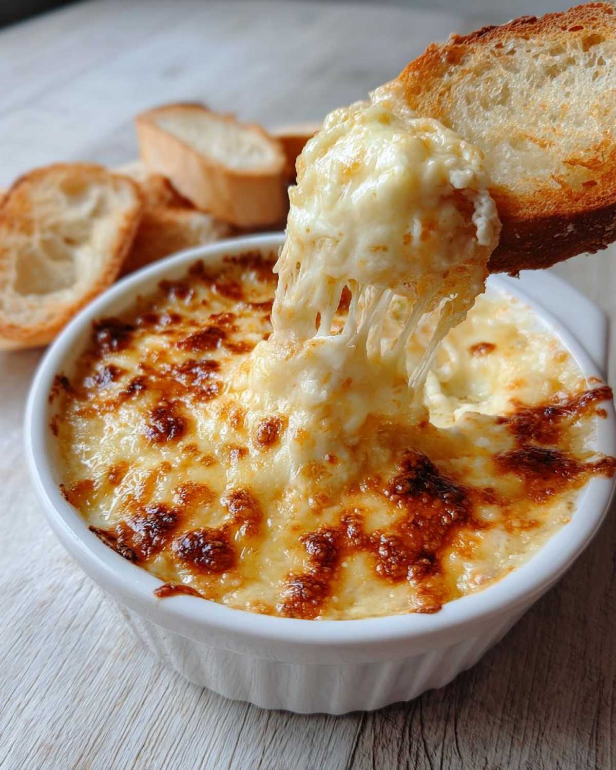 A piece of toasted bread is dipped into a hot, cheesy bread dip, creating long, satisfying cheese pulls.