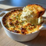 A piece of toasted bread scoops up a generous portion of cheesy, bubbly bread dip topped with herbs.