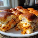 Close-up of cheesy buffalo chicken sliders on a white plate, showing melted cheese and shredded chicken filling.