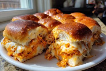 Close-up of cheesy buffalo chicken sliders on a white plate, showing melted cheese and shredded chicken filling.