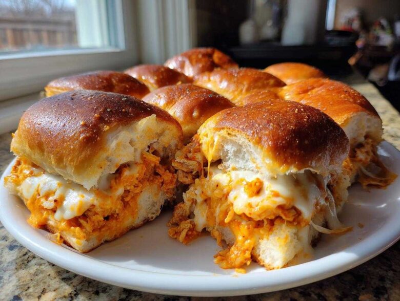 Close-up of cheesy buffalo chicken sliders on a white plate, showing melted cheese and shredded chicken filling.
