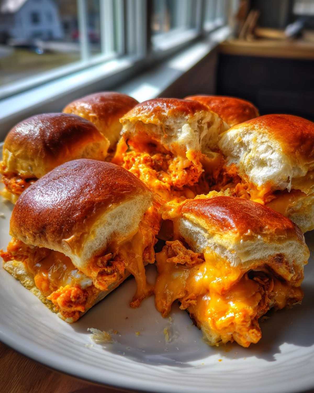 Close-up of several cheesy buffalo chicken sliders with gooey orange cheese spilling out onto a white plate.