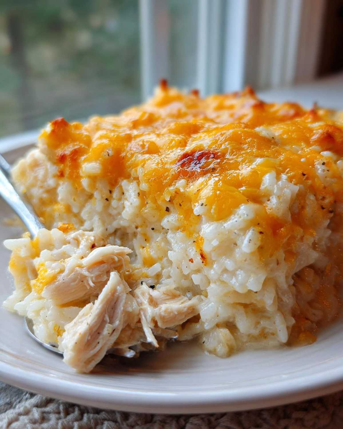 A spoonful of creamy cheesy chicken and rice casserole topped with melted cheddar cheese.