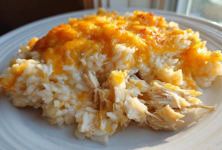 A close-up serving of cheesy chicken and rice casserole topped with melted, golden cheddar cheese.