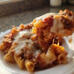A fork lifts a cheesy, saucy portion of pasta from a plate of pizza casserole, showing melted mozzarella strings.