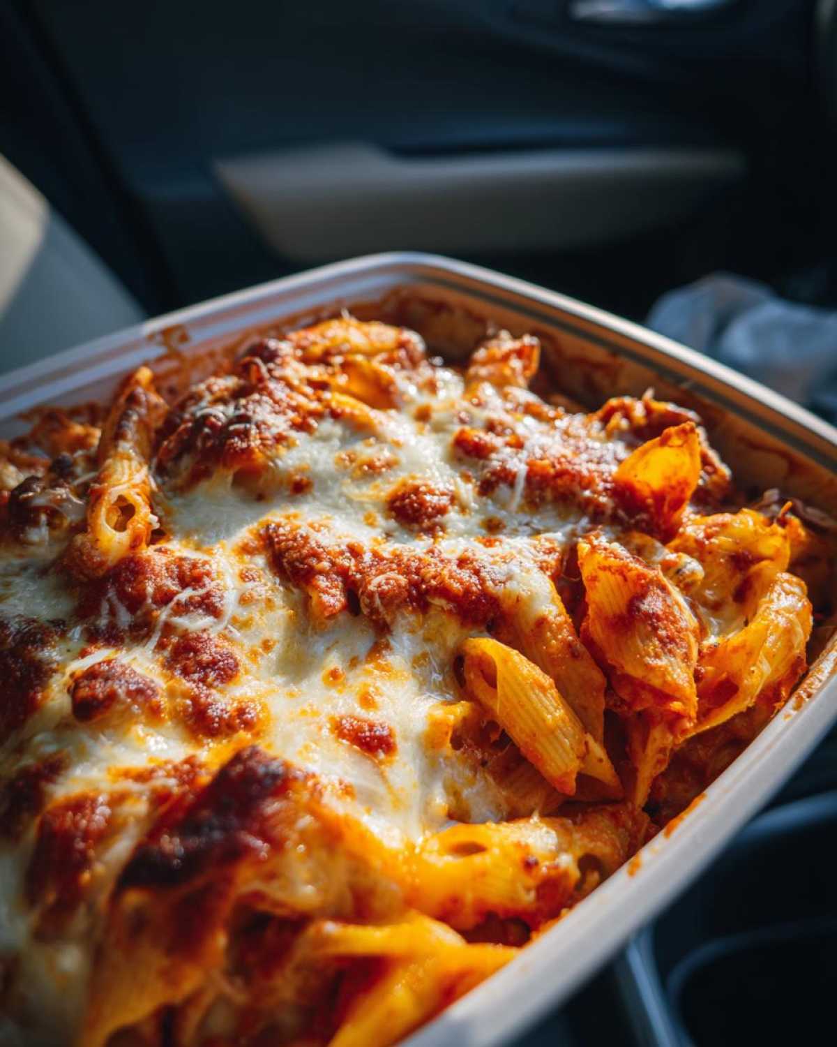 Close-up of a baked pizza pasta bake with penne pasta, rich tomato sauce, and a thick layer of melted, bubbly cheese.