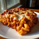 A thick slice of baked pasta covered in rich tomato sauce and melted, bubbly cheese, representing a delicious pizza pasta bake.