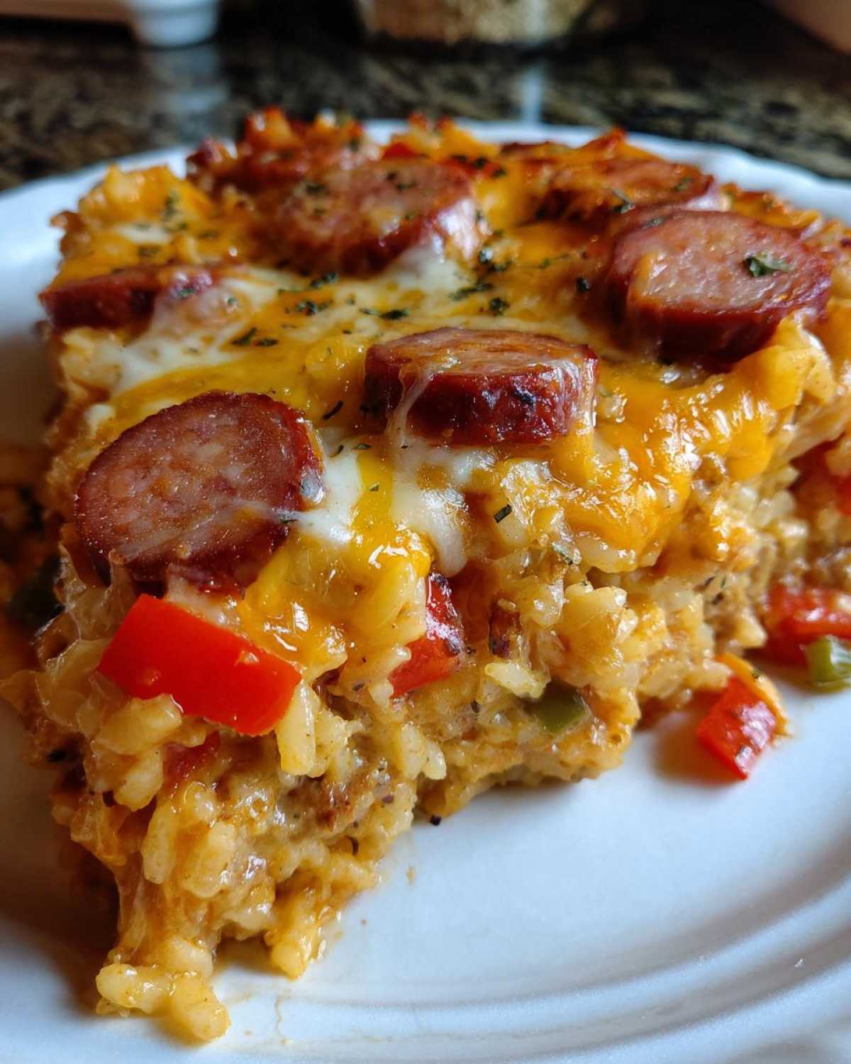 Close-up of a cheesy slice of sausage and rice casserole topped with smoked sausage rounds and herbs.