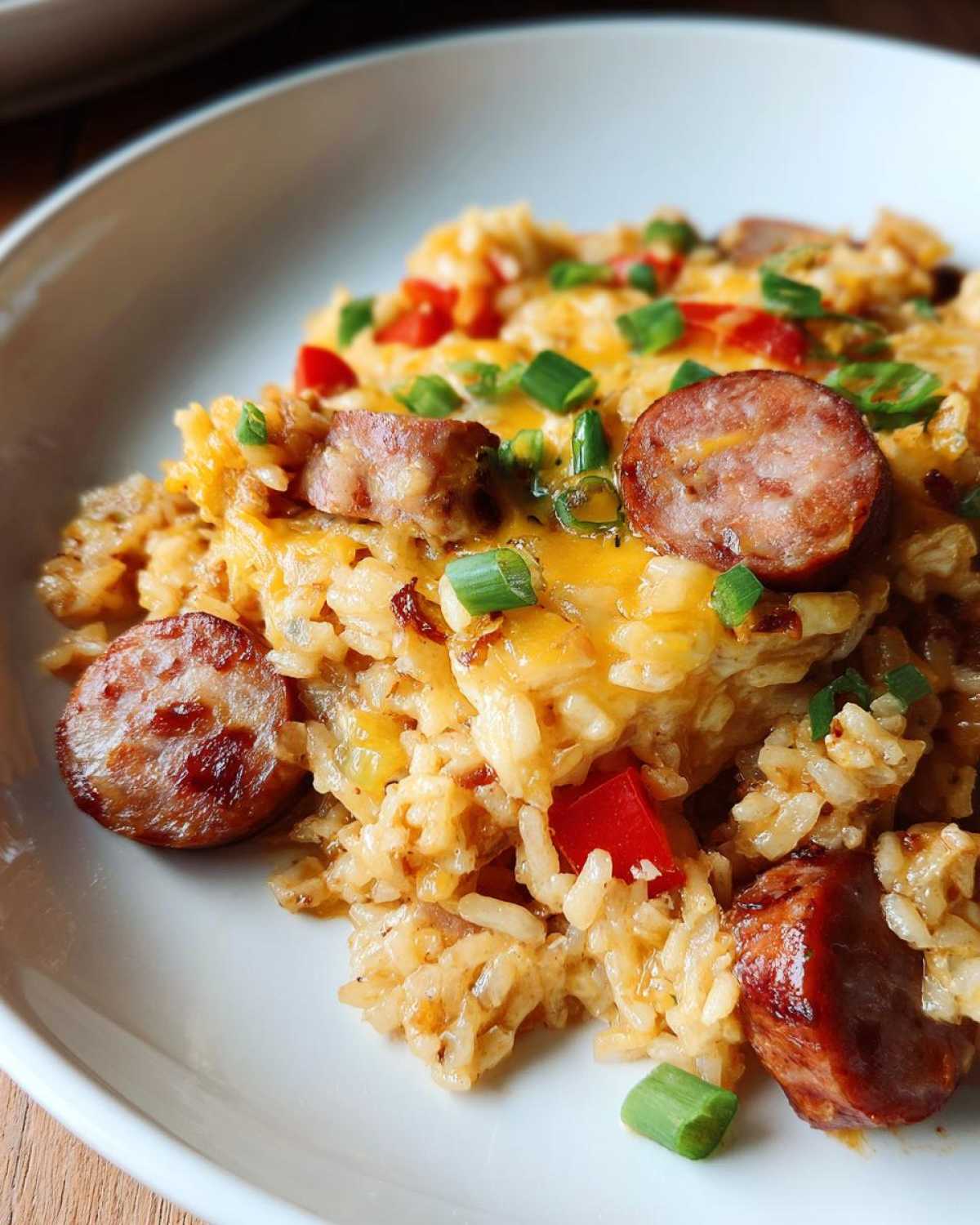A close-up serving of cheesy sausage and rice mixed with red peppers and topped with green onions.