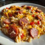 A close-up of a hearty serving of cheesy sausage and rice mixed with red peppers, topped with melted cheddar.