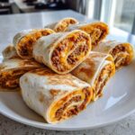 A pile of freshly made taco pinwheels filled with seasoned ground beef and melted cheddar cheese on a white plate.