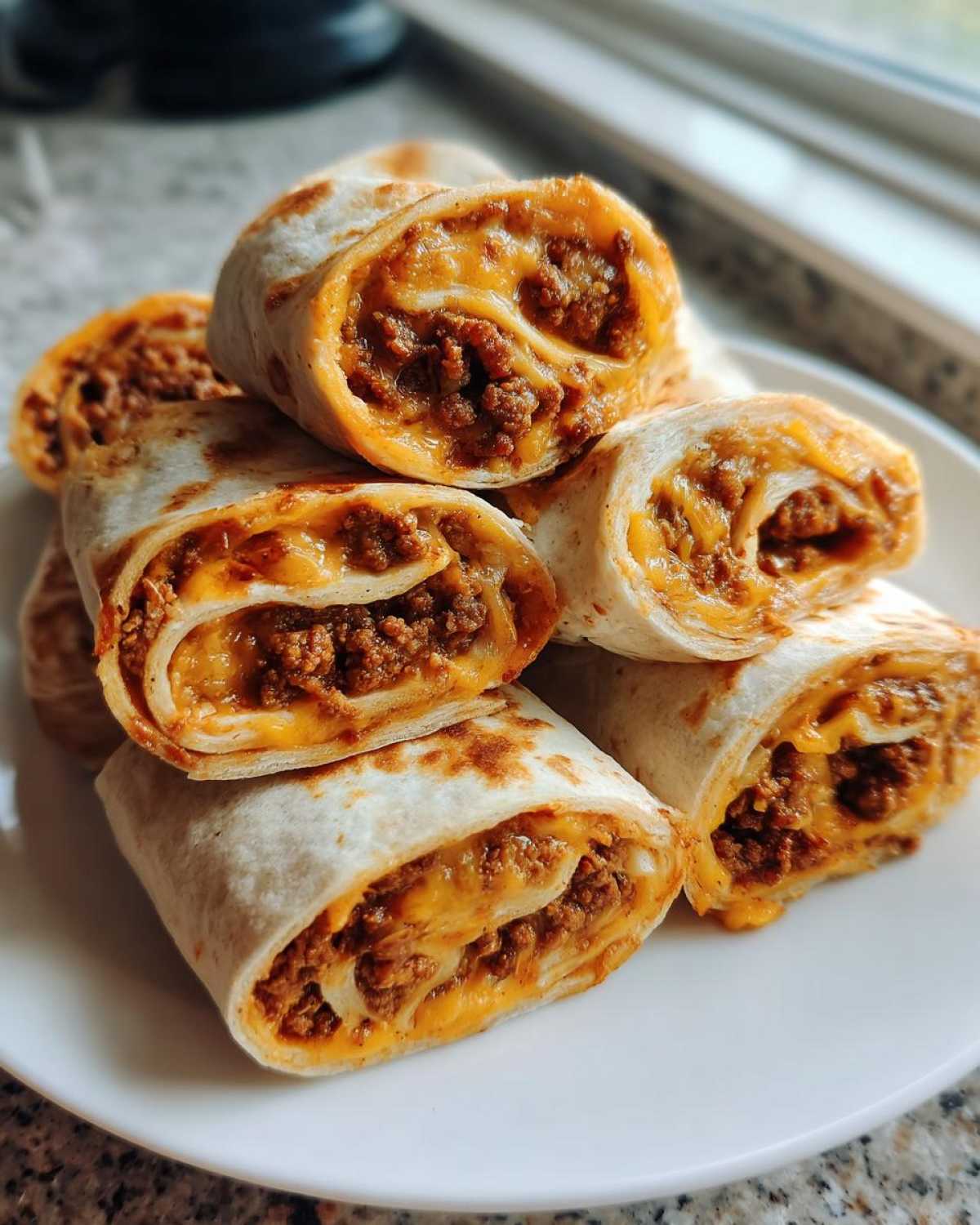 A stack of freshly made taco pinwheels filled with seasoned ground beef and melted cheddar cheese, served on a white plate.