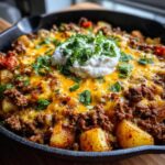 Close-up of Cheesy Taco Potatoes topped with melted cheddar, seasoned ground beef, sour cream, and fresh cilantro.