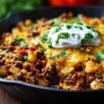 Close-up of Cheesy Taco Potatoes in a cast iron skillet topped with melted cheddar, sour cream, and cilantro.