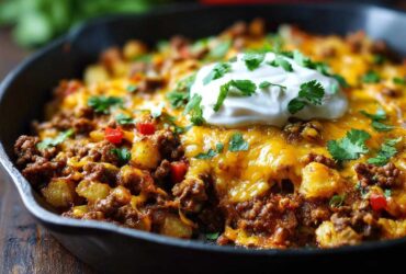 Close-up of Cheesy Taco Potatoes in a cast iron skillet topped with melted cheddar, sour cream, and cilantro.