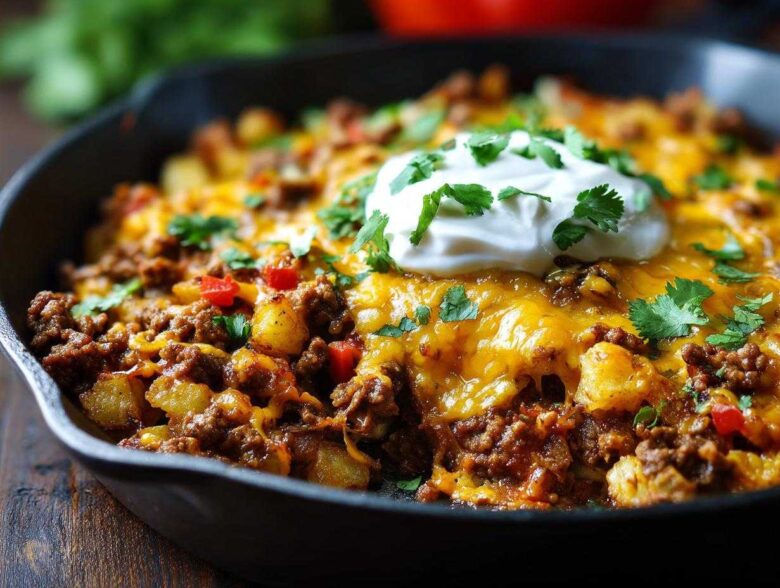 Close-up of Cheesy Taco Potatoes in a cast iron skillet topped with melted cheddar, sour cream, and cilantro.