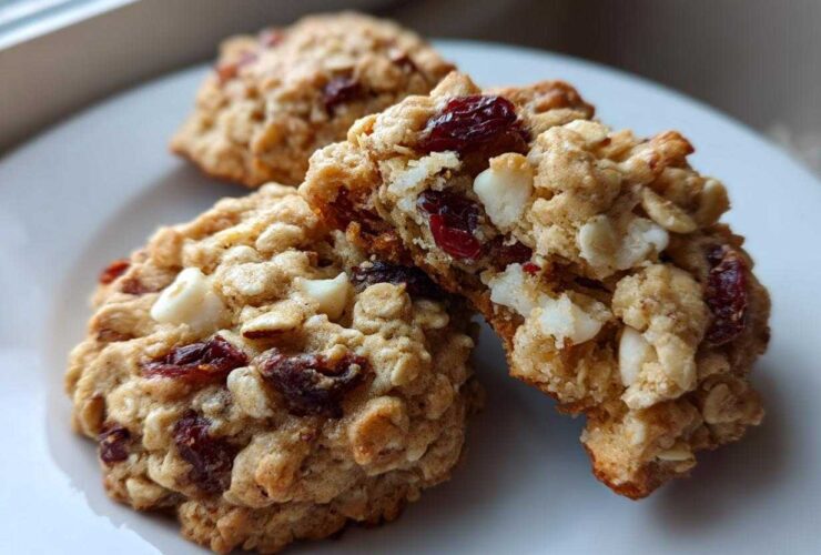 Close-up of chewy cranberry oatmeal cookies, one broken open showing oats, dried cranberries, and white chocolate chips.