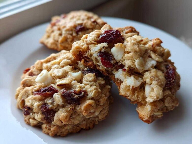 Close-up of chewy cranberry oatmeal cookies, one broken open showing oats, dried cranberries, and white chocolate chips.