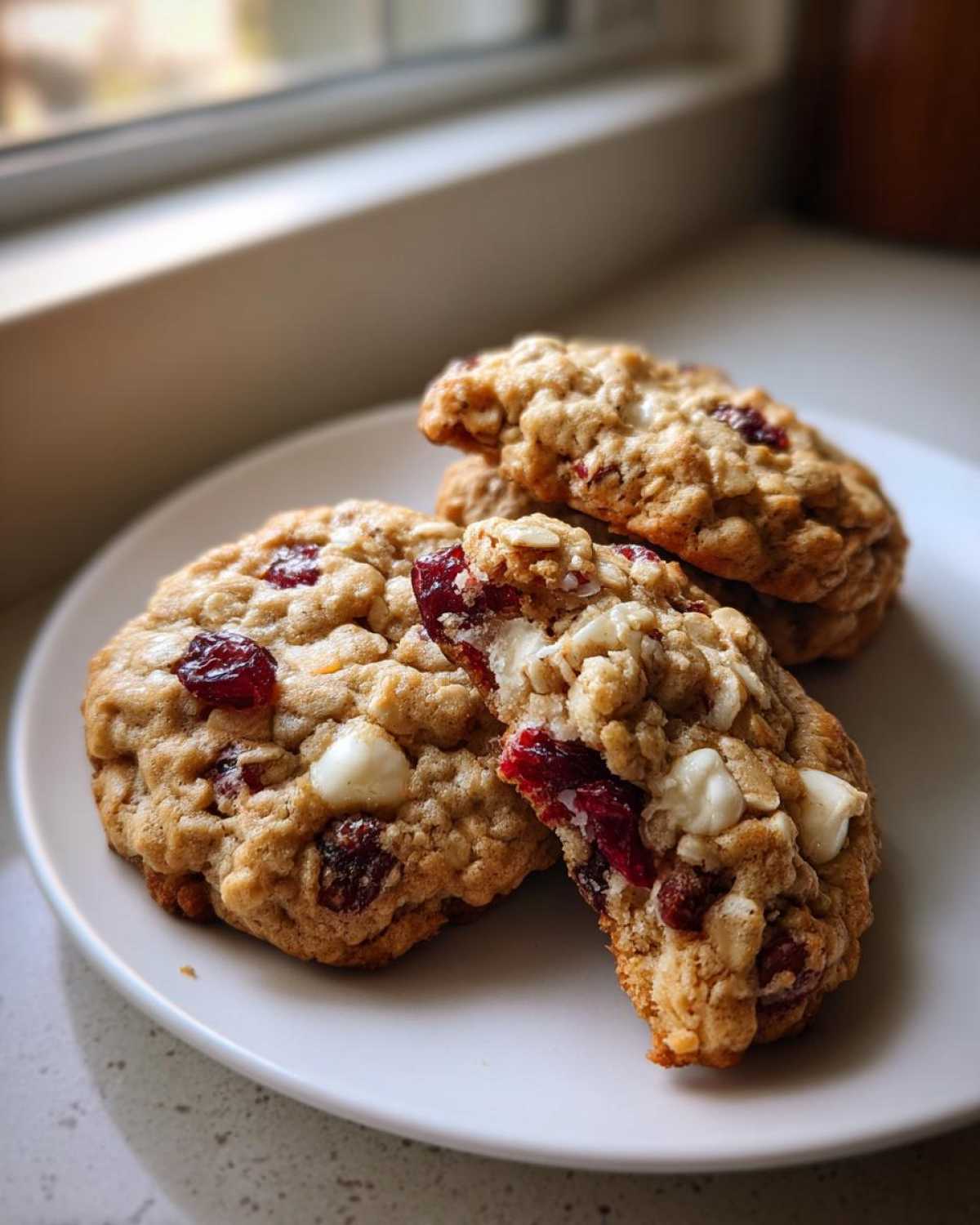 Close-up of chewy cranberry oatmeal cookies with visible white chocolate chips on a white plate.