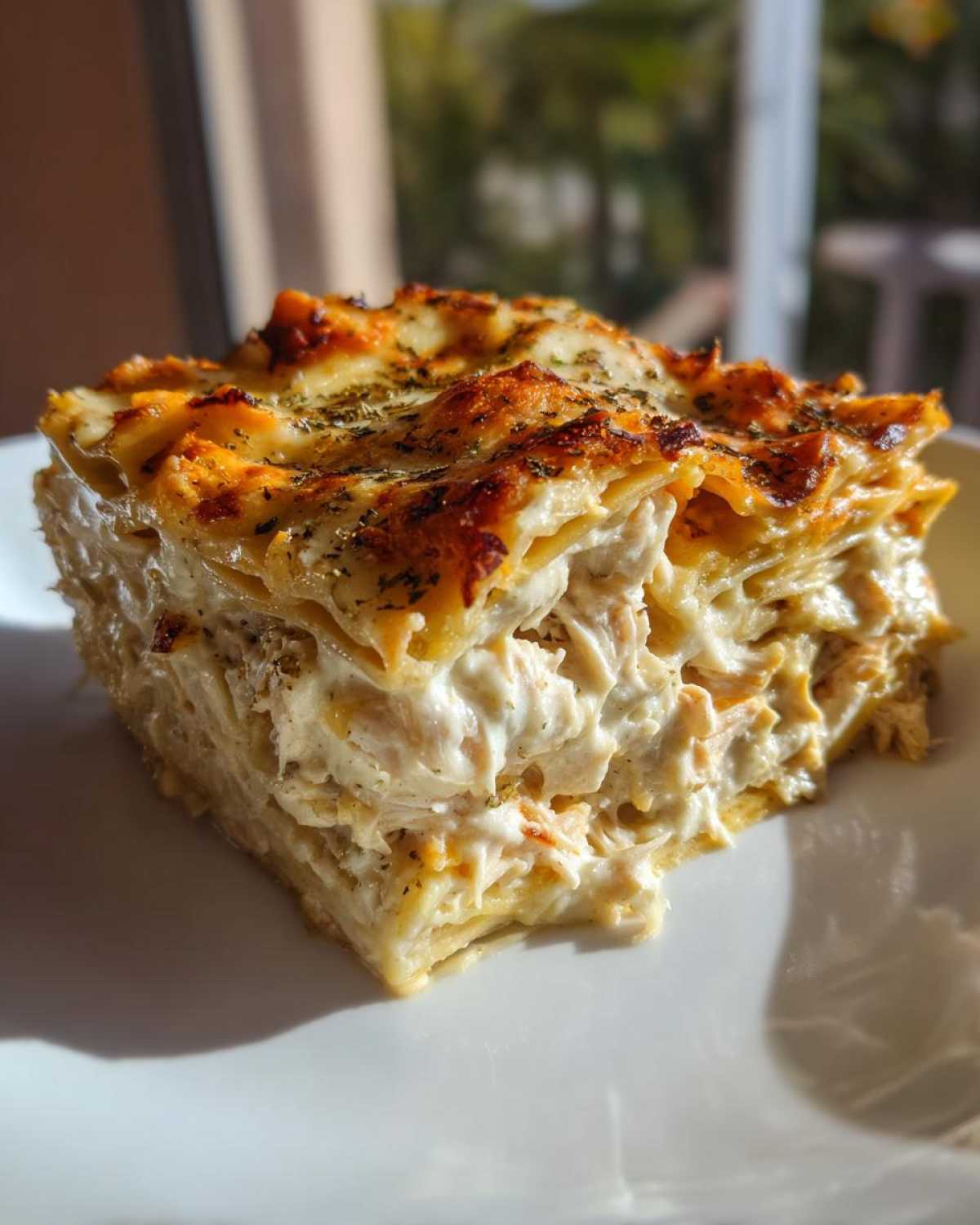 A thick, creamy slice of baked chicken alfredo lasagna with a golden, cheesy top sprinkled with herbs.