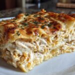 A thick, cheesy slice of chicken alfredo lasagna with a golden-brown top, served on a white plate.