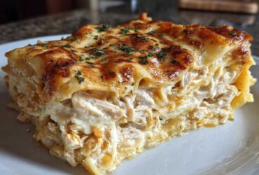 A thick, cheesy slice of chicken alfredo lasagna with a golden-brown top, served on a white plate.