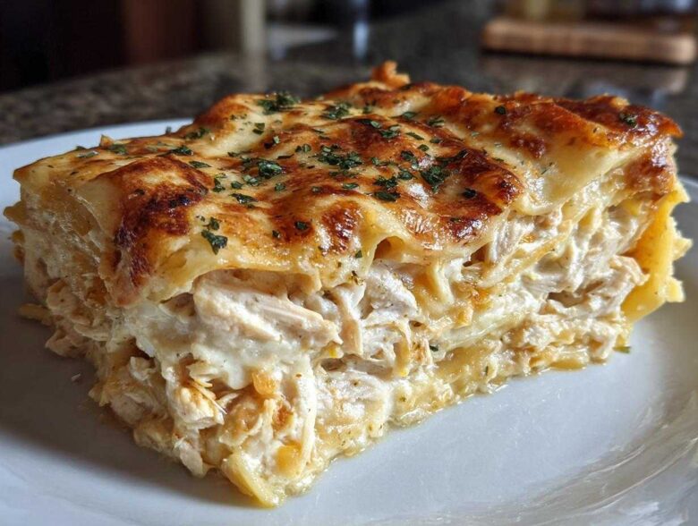 A thick, cheesy slice of chicken alfredo lasagna with a golden-brown top, served on a white plate.