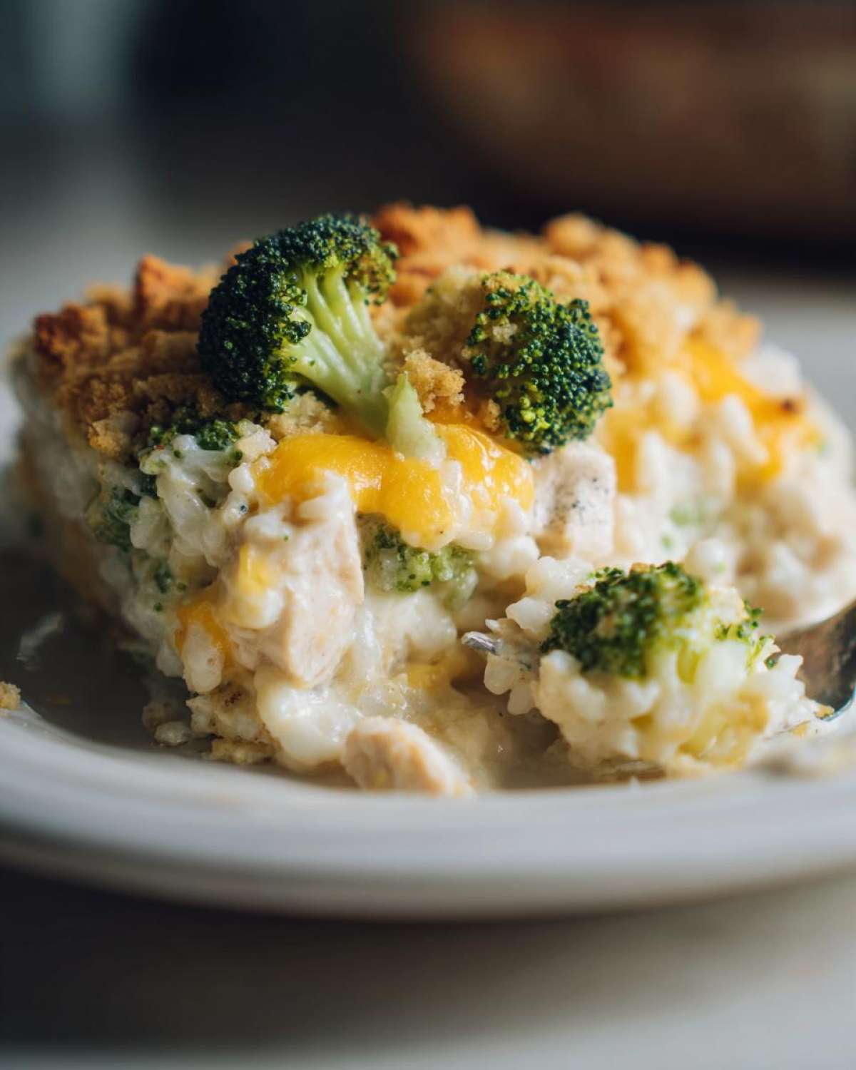 A close-up serving of creamy chicken broccoli rice casserole topped with melted cheese and crunchy breadcrumbs.