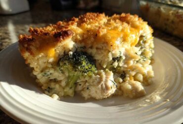 A generous slice of creamy chicken broccoli rice casserole topped with melted cheddar and a golden, crispy crust.