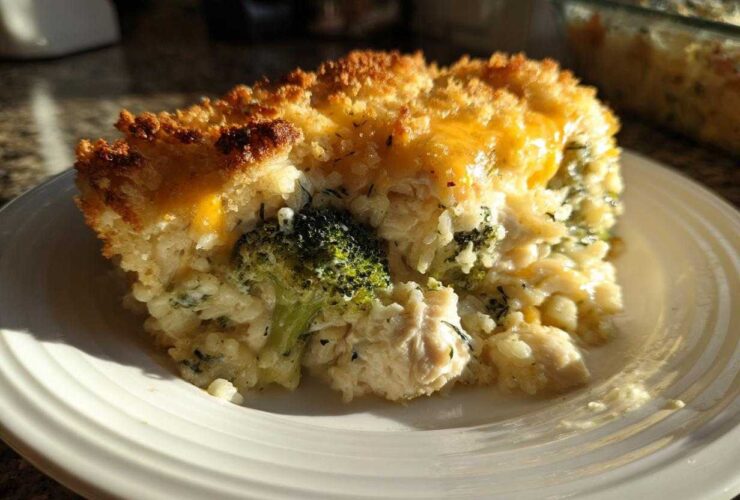 A generous slice of creamy chicken broccoli rice casserole topped with melted cheddar and a golden, crispy crust.