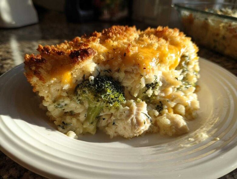 A generous slice of creamy chicken broccoli rice casserole topped with melted cheddar and a golden, crispy crust.